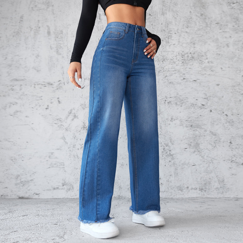 Chic High-Waisted Wide-Leg Denim Jeans for Women - Casual Non-Elastic Style