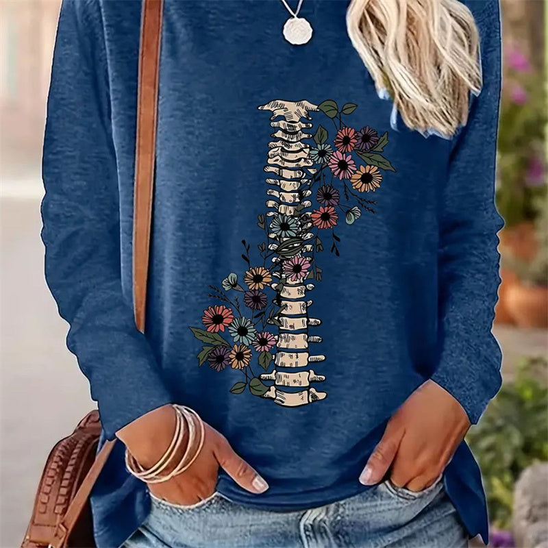 Lässiges Rundhals-Langarm-T-Shirt für Damen mit Frühlings- und Herbstmustern 