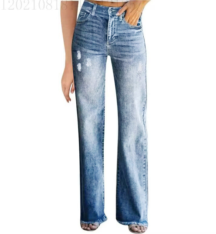 Women's High Waist Blue Straight Leg Denim Trousers