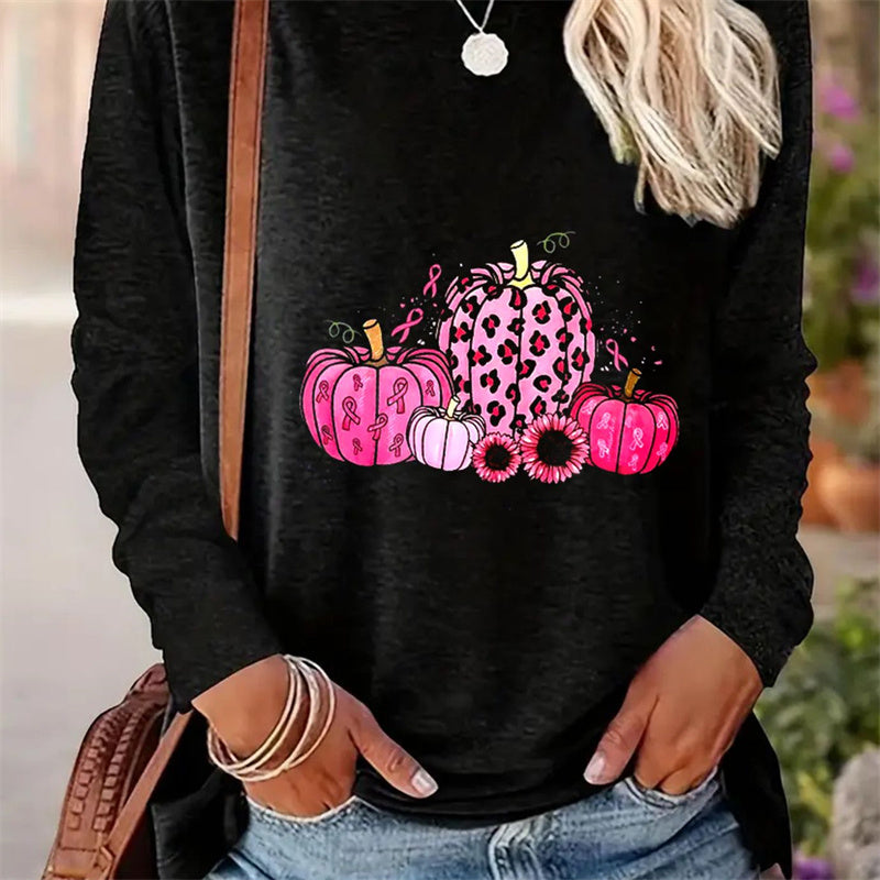 Casual Printed Round Neck Long Sleeve T-shirt for Women - Spring and Autumn Style