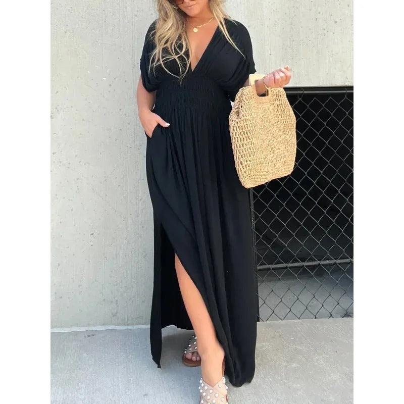 Chic Summer Batwing Sleeve V-neck Slit Dress with Elastic Waist for Women