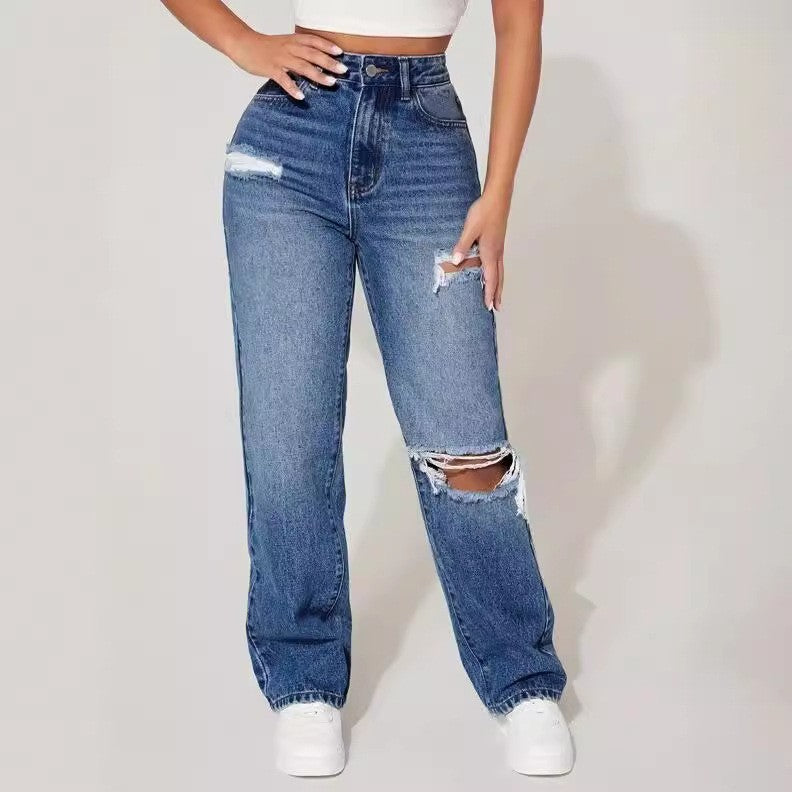 Trendy High-Waisted Ripped Straight-Leg Jeans for Women