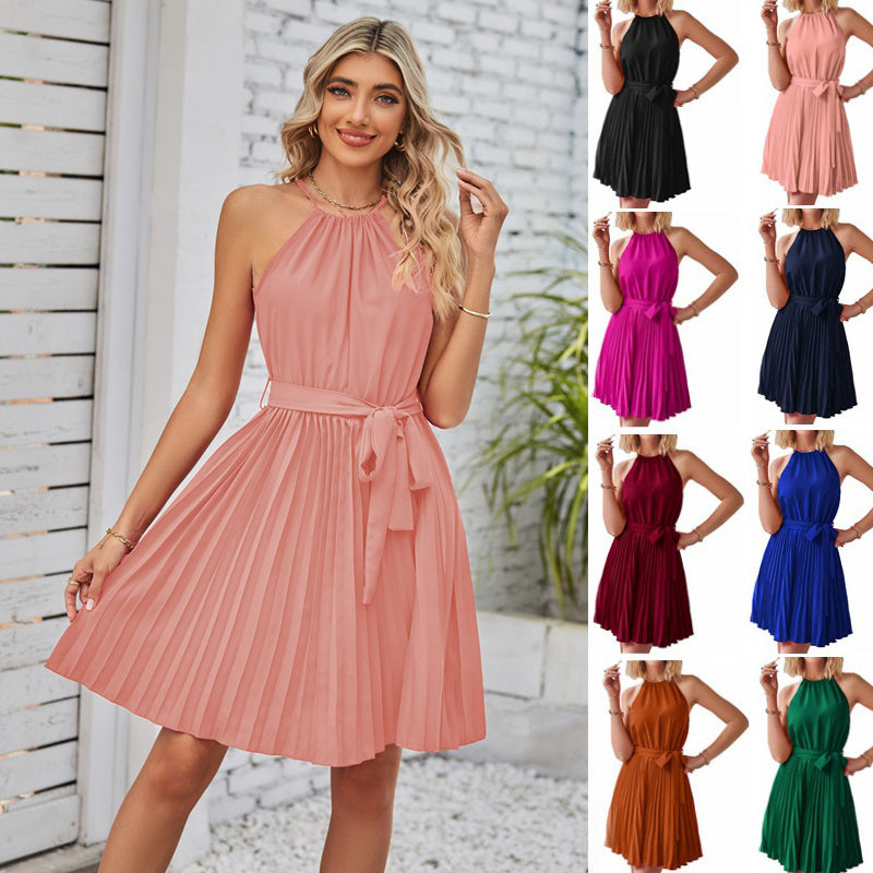 Hanging Neck Midi Dresses with Pleated Skirt for Women - Solid Color Summer Sundress