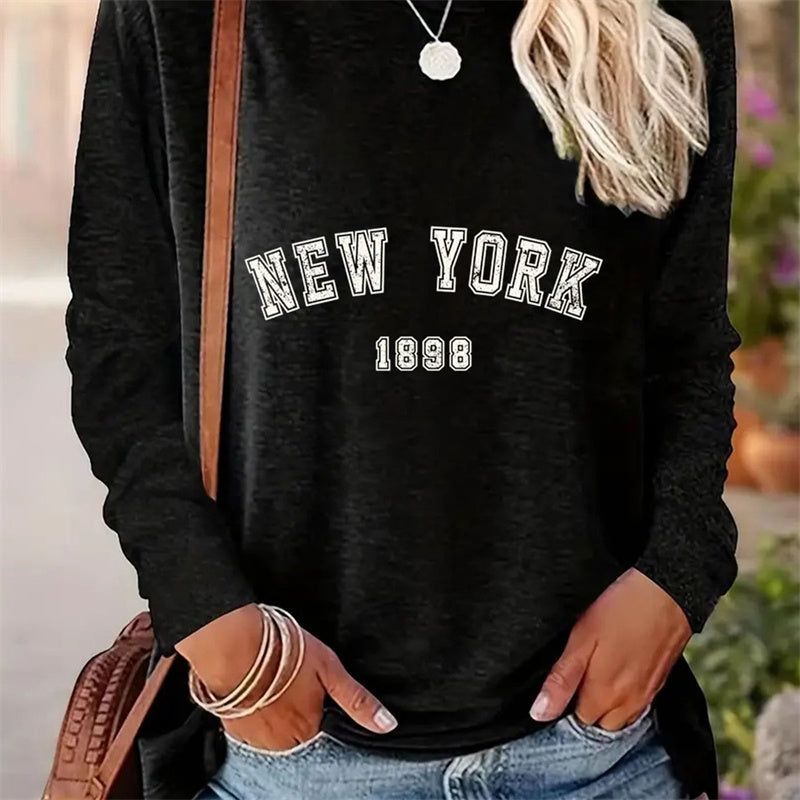 Casual Printed Round Neck Long Sleeve T-shirt for Women in Spring and Autumn