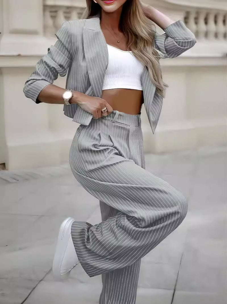 Chic Striped Two-Piece Set with Cropped Blazer and Tailored Pants for Women