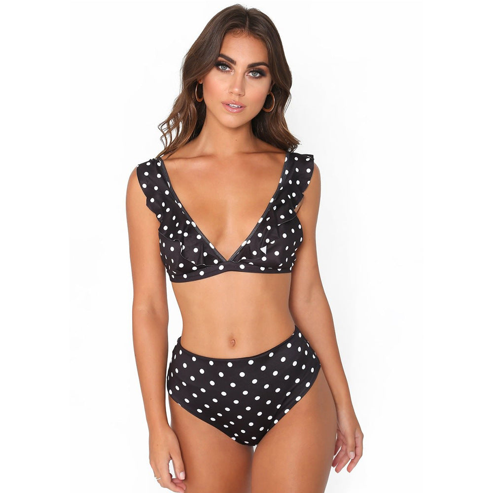 Ruffled Black And White Polka Dot Bikini Set for Women - Stylish Deep V-neck Swimsuit, Ideal for Summer Beach Parties