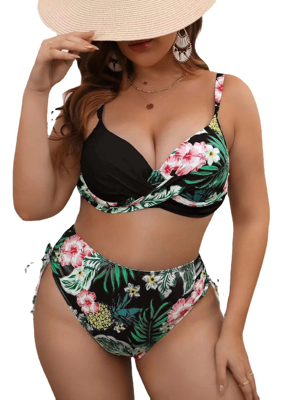 Curvy Chic bedruckter Bikini-Badeanzug mit Schlitz für Damen in Übergröße