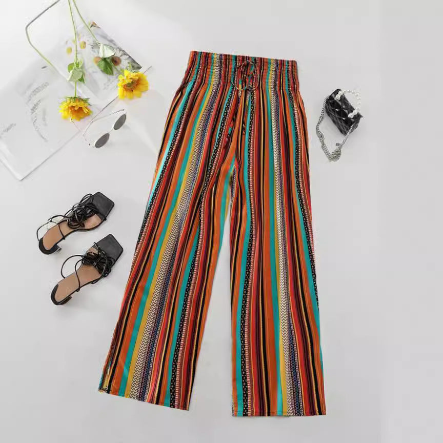 Multicolor Striped Casual Cropped Pants with Tied Elastic Waist for Women