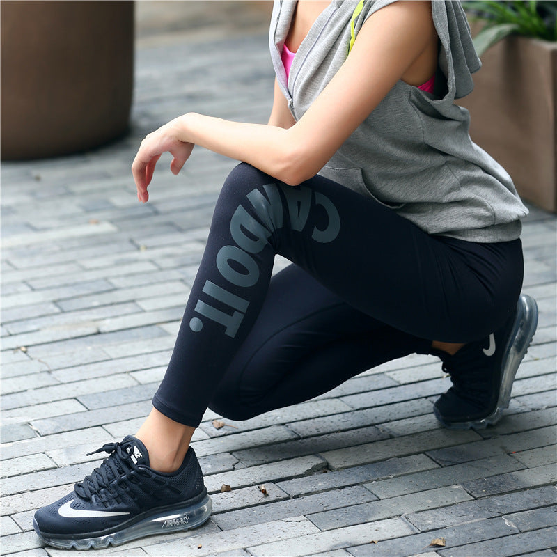 Leggings sportivi a vita alta con stampa dell'alfabeto color bronzo scintillante per donna