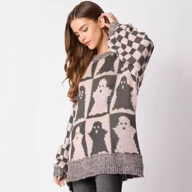 Halloween-Themed Women's Plaid Crew Neck Pullover Sweater with Ghost Design