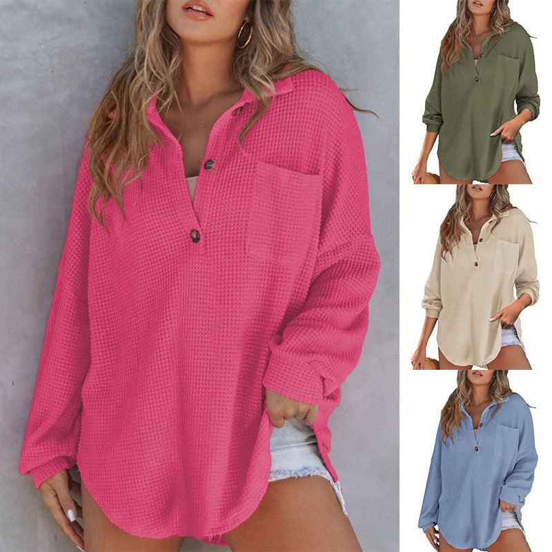 Cozy Women's Loose-Fit Waffle Knit Long Sleeve Pullover Top