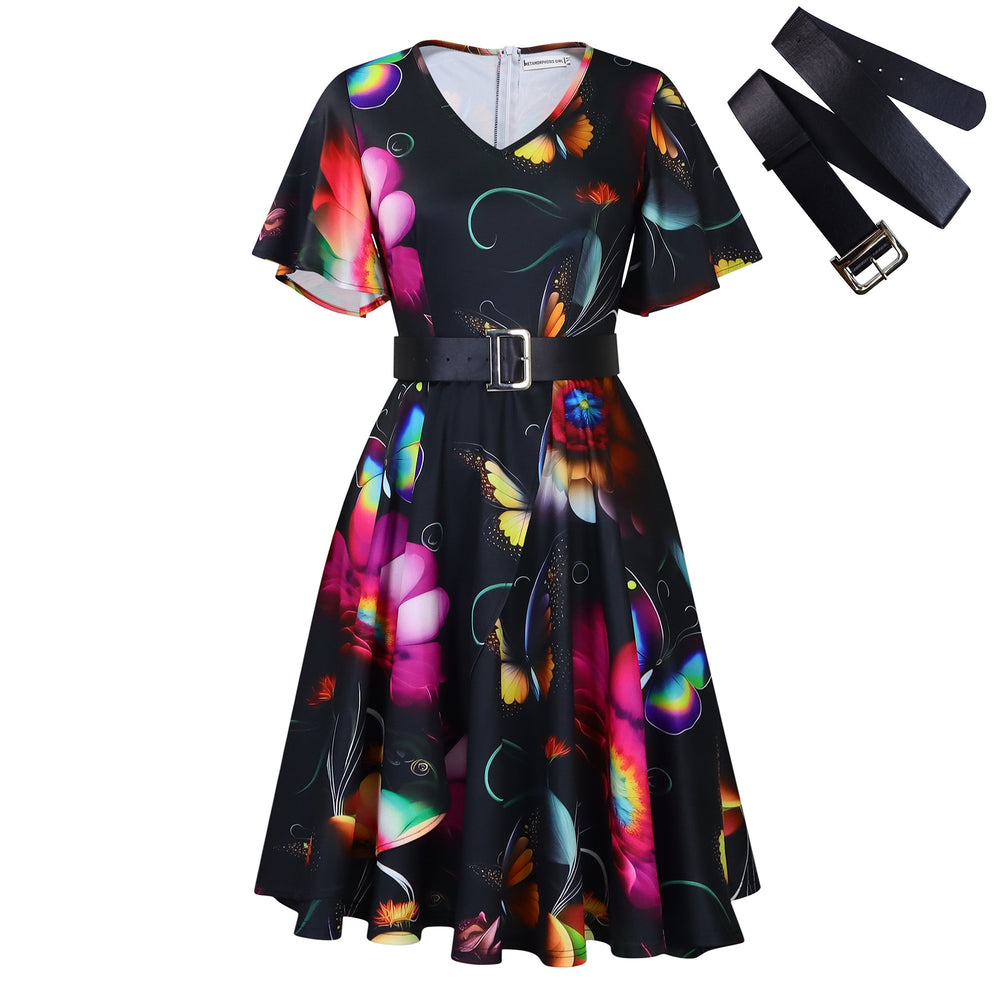 Elegant Plus Size Mid-Length Lace Printed Dress with Colorful Belts