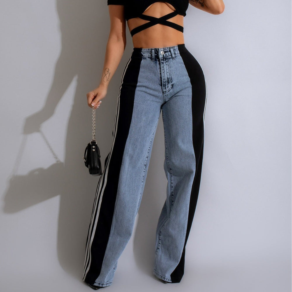 Trendy High Waist Elastic Straight Leg Denim Pants with Three Stripe Patchwork for Casual Streetwear