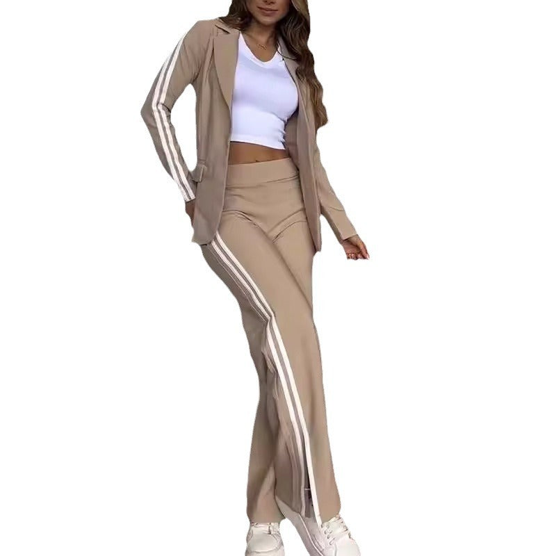 Women's Striped Casual Polo Collar Two-Piece Wide-Leg Suit