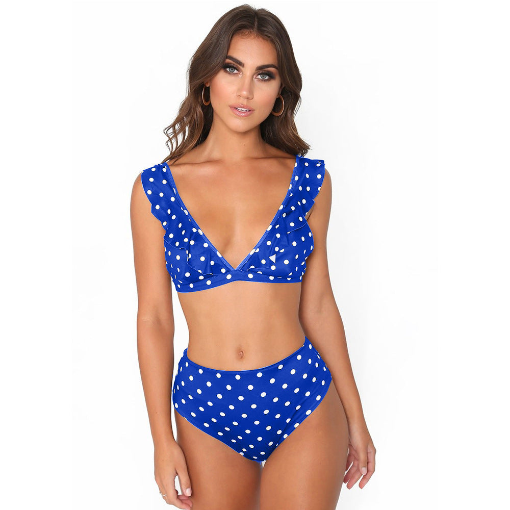 Bikini a pois bianchi e neri con volant per donna - Costume da bagno elegante con scollo a V profondo, ideale per le feste estive in spiaggia