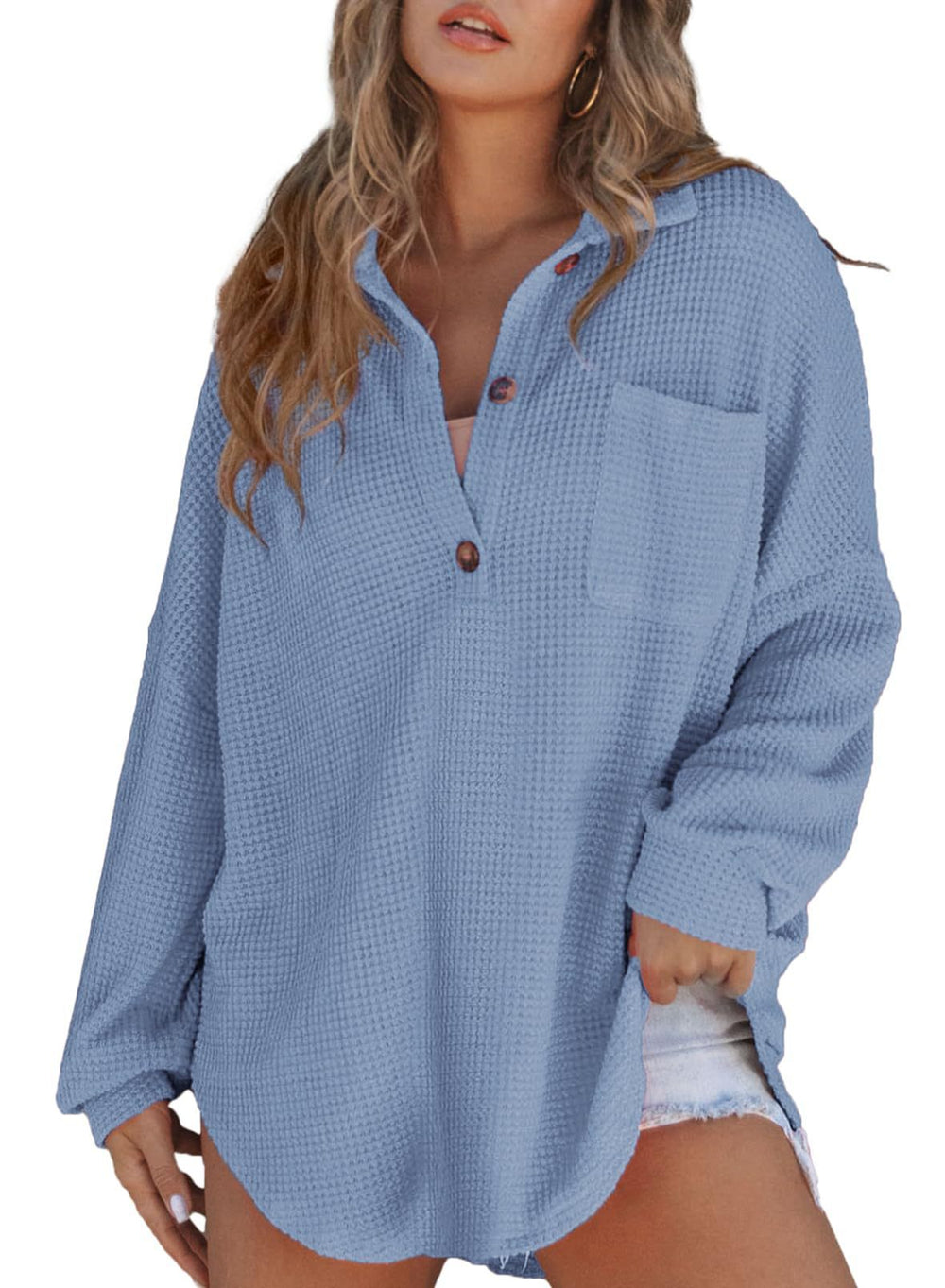 Cozy Women's Loose-Fit Waffle Knit Long Sleeve Pullover Top