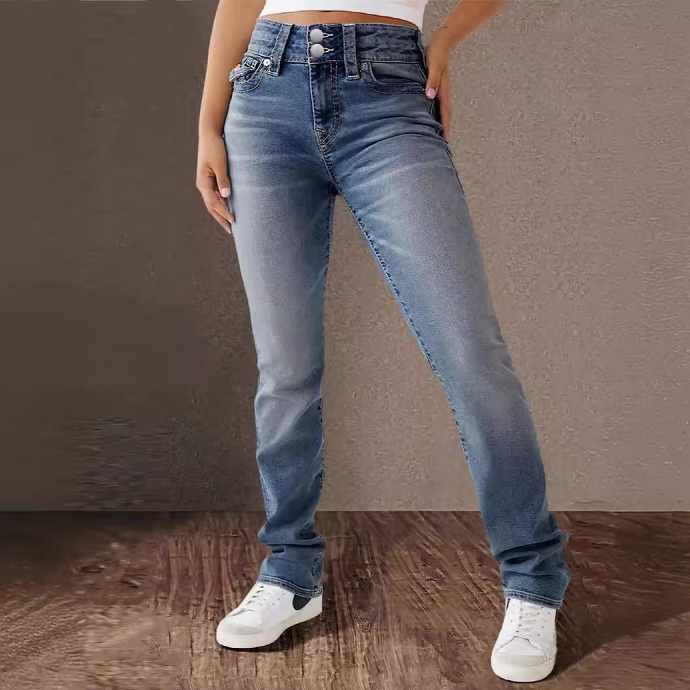 Jeans elasticizzati a vita alta da donna per primavera ed estate - Design casual leggermente lavato