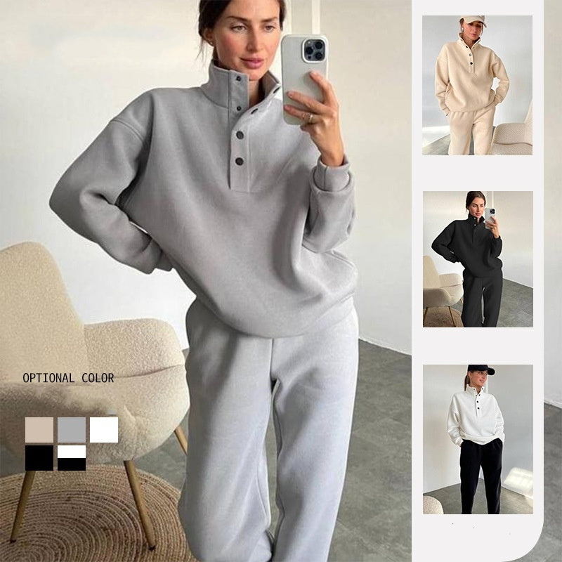 Casual Oversized 2-Piece Tracksuit Set for Women - Warm Solid Color Hoodie and Long Pants