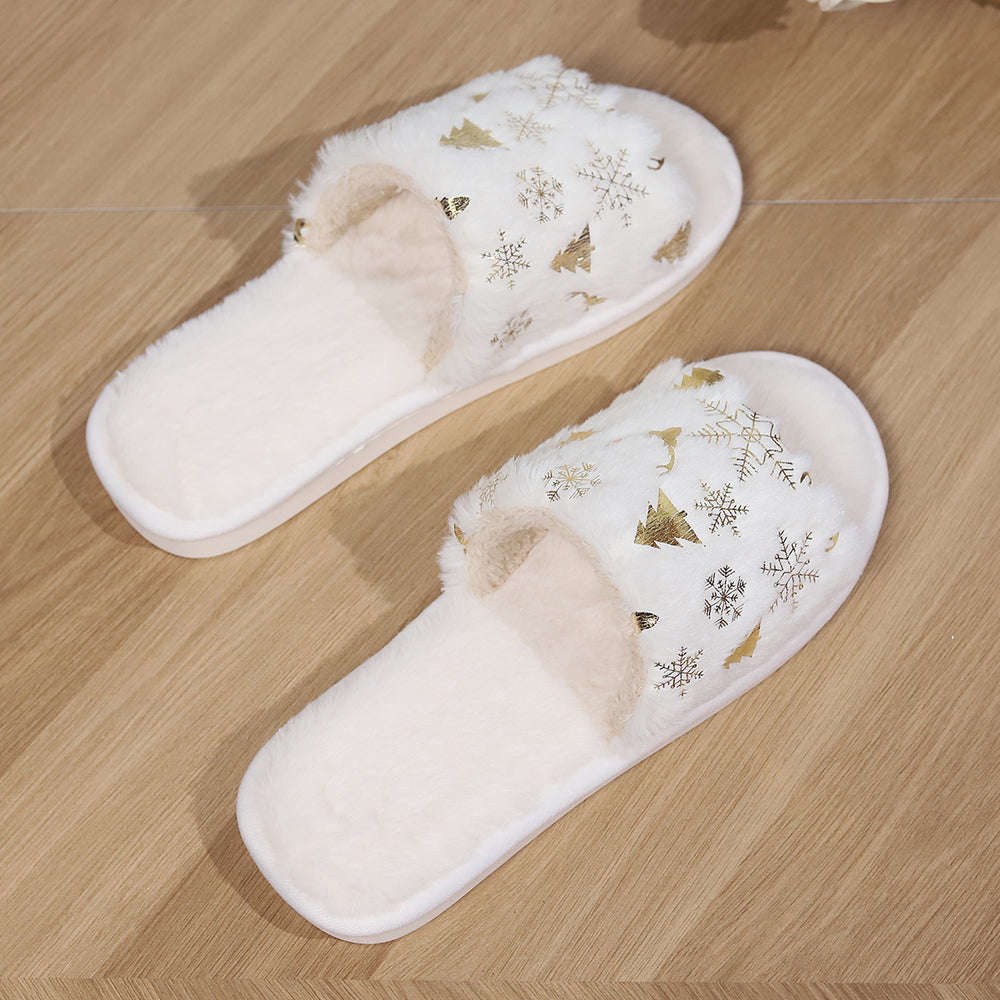 Festive Open-Toed Plush Slippers for Couples - Cozy Non-Slip Indoor House Shoes with Christmas Designs