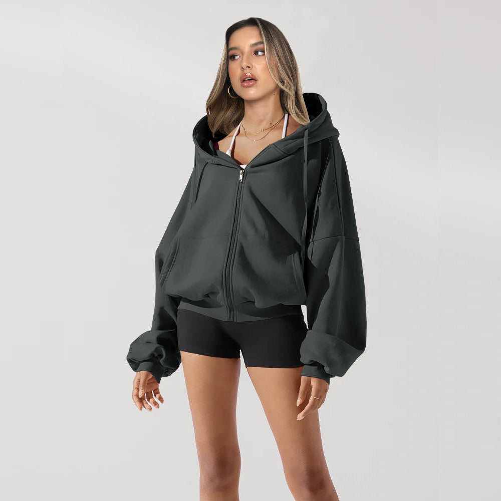 Casual Solid Color Zipper Hoodie Jacket for Women - Loose Fit Sports Sweatshirt