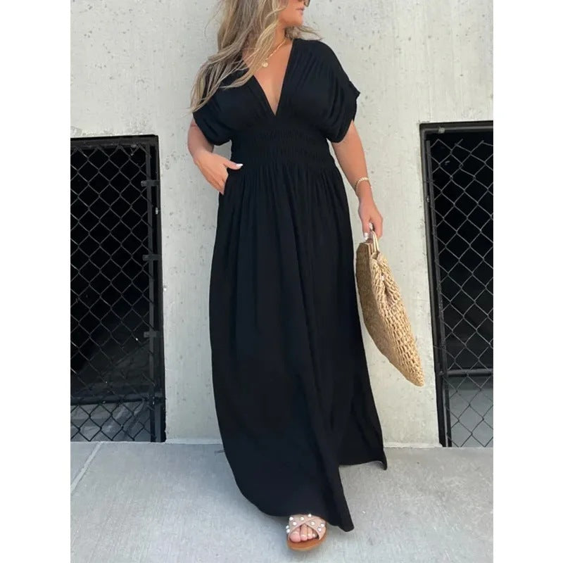 Chic Summer Batwing Sleeve V-neck Slit Dress with Elastic Waist for Women