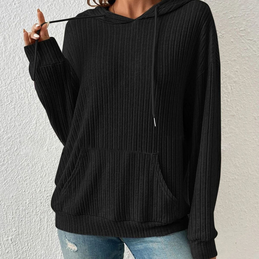 Schickes Langarm-Kapuzensweatshirt mit Taschen - Einfarbige Strickmode für Damen