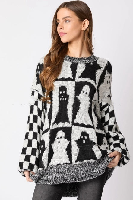 Halloween-Themed Women's Plaid Crew Neck Pullover Sweater with Ghost Design