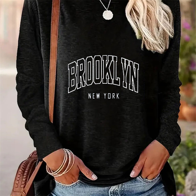 Casual Round Neck Long Sleeve T-shirt for Women with Simple Spring and Autumn Patterns