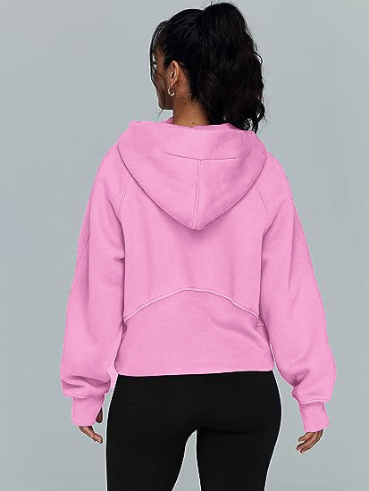 Zippered Long Sleeve Hooded Sweatshirt with Front Pocket - Women's Casual Pullover for Winter and Fall