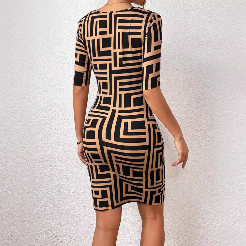 Geometric Print Elegant Mid-Length Dress with Square Collar and Half Sleeves