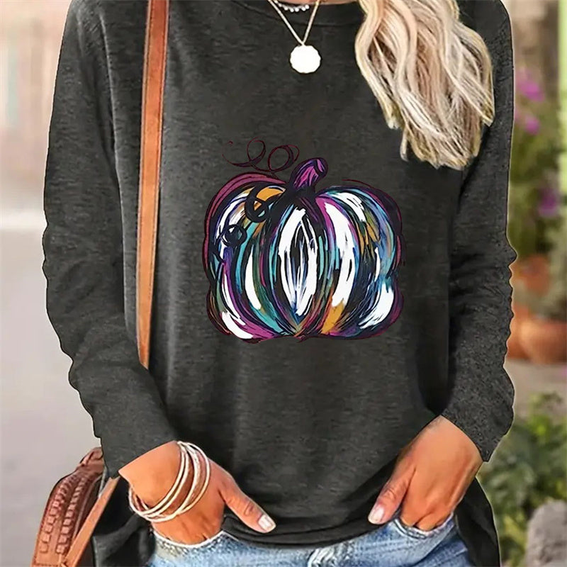 Women's Casual Printed Round Neck Long Sleeve T-Shirt for Spring and Autumn