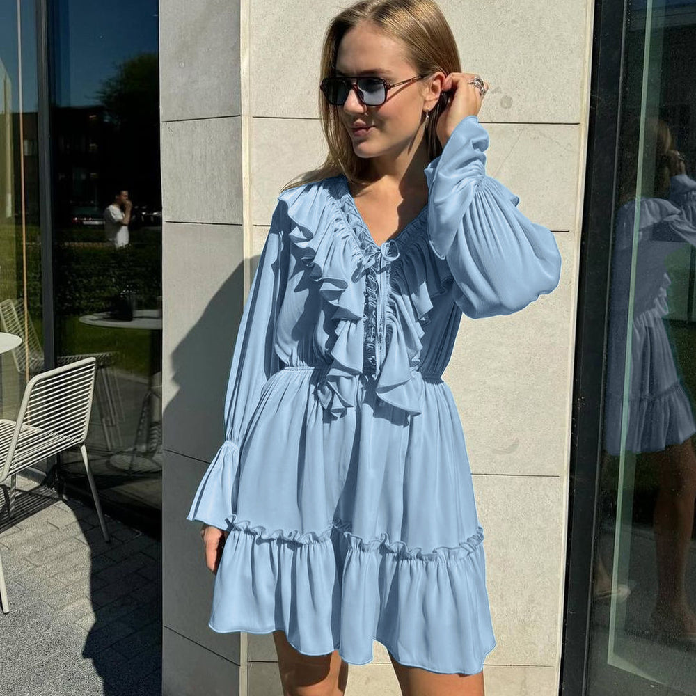 Chic V Neck Ruffled Long Sleeve Dress with Flared Sleeves - Y2K Style Women's Fashion