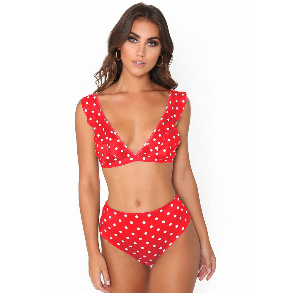 Bikini a pois bianchi e neri con volant per donna - Costume da bagno elegante con scollo a V profondo, ideale per le feste estive in spiaggia