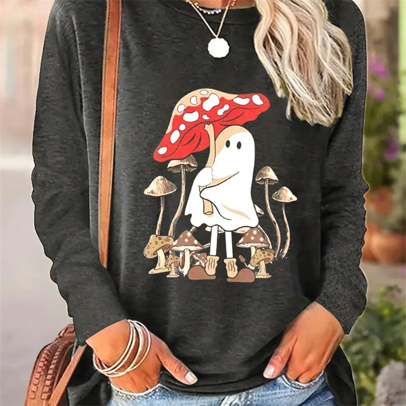 Casual Long Sleeve Round Neck T-Shirt for Women with Simple Spring and Autumn Patterns