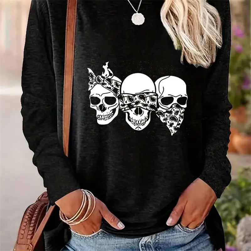 Casual Round Neck Long Sleeve T-shirt for Women with Simple Spring and Autumn Print