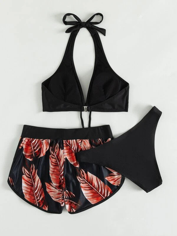 Tropical Paradise Bikini Set with Matching Shorts for Women's Summer Swimwear