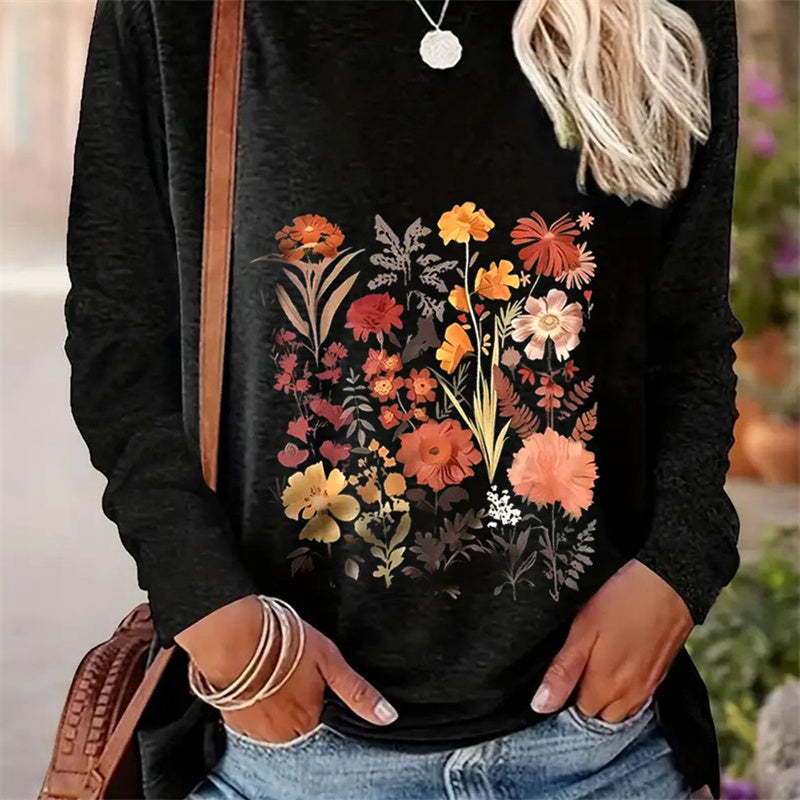 Casual Round Neck Long Sleeve T-shirt for Women with Simple Pattern Printing for Spring and Autumn