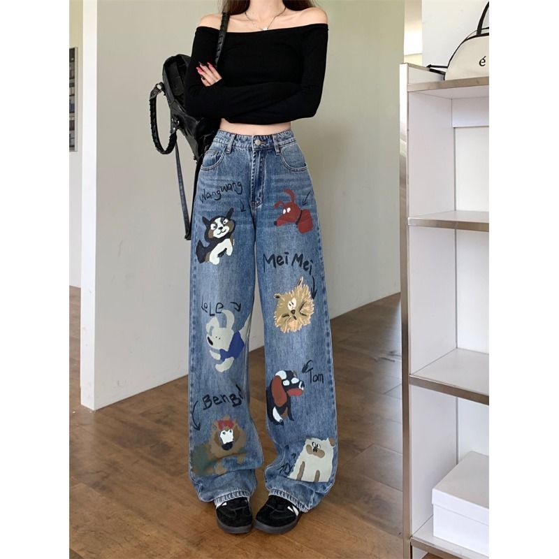 Retro High Street Graffiti Jeans mit weitem Bein für Damen