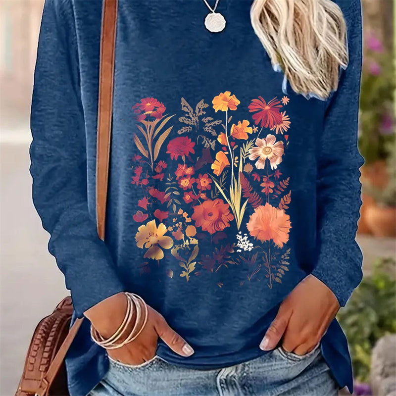 Casual Round Neck Long Sleeve T-shirt for Women with Simple Pattern Printing for Spring and Autumn