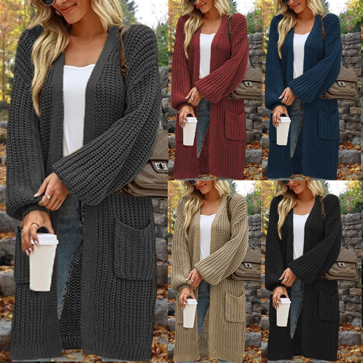 Loose-Fitting Lantern Sleeve Cardigan with Pockets for Women - Mid-Length Autumn/Winter Coat in Multiple Colors