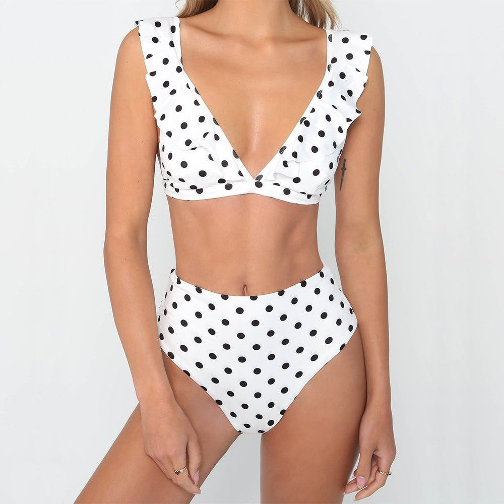 Ruffled Black And White Polka Dot Bikini Set for Women - Stylish Deep V-neck Swimsuit, Ideal for Summer Beach Parties