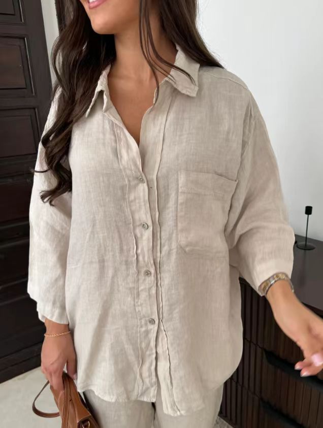 Stylish Women's Casual Linen Shirt and Wide Leg Pants Set - Loose-Fit 2 Piece Outfit with Pockets