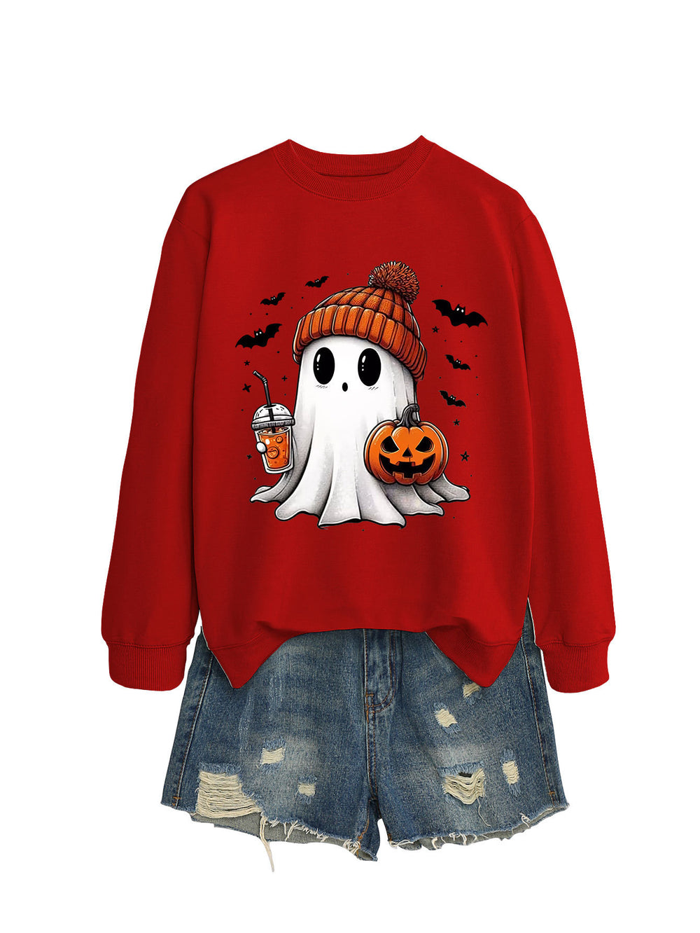 Cozy Long Sleeve Pumpkin Bat Print Crew Neck Sweatshirt in Multiple Colors