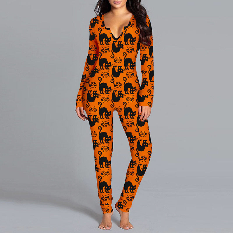 Halloween Themed Long Sleeve Jumpsuit - Women's Casual Pajama Set with Trousers