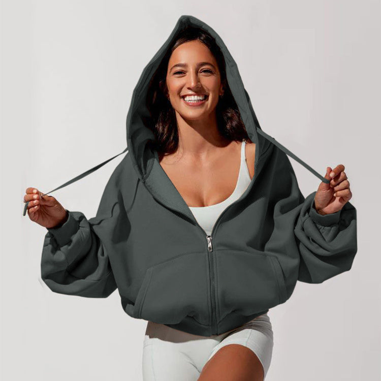 Casual Solid Color Zipper Hoodie Jacket for Women - Loose Fit Sports Sweatshirt