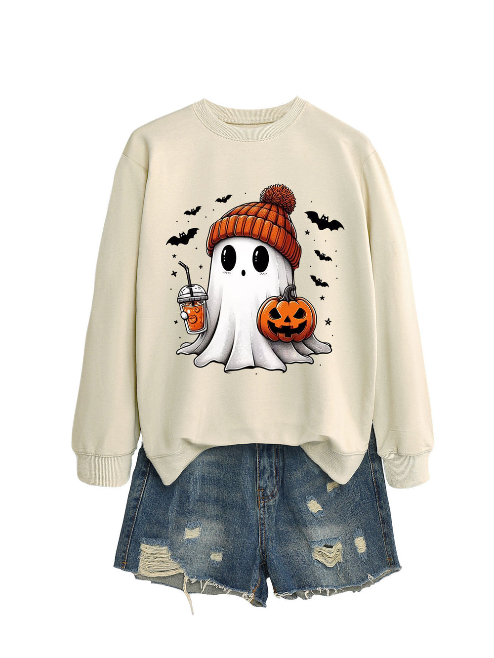 Cozy Long Sleeve Pumpkin Bat Print Crew Neck Sweatshirt in Multiple Colors