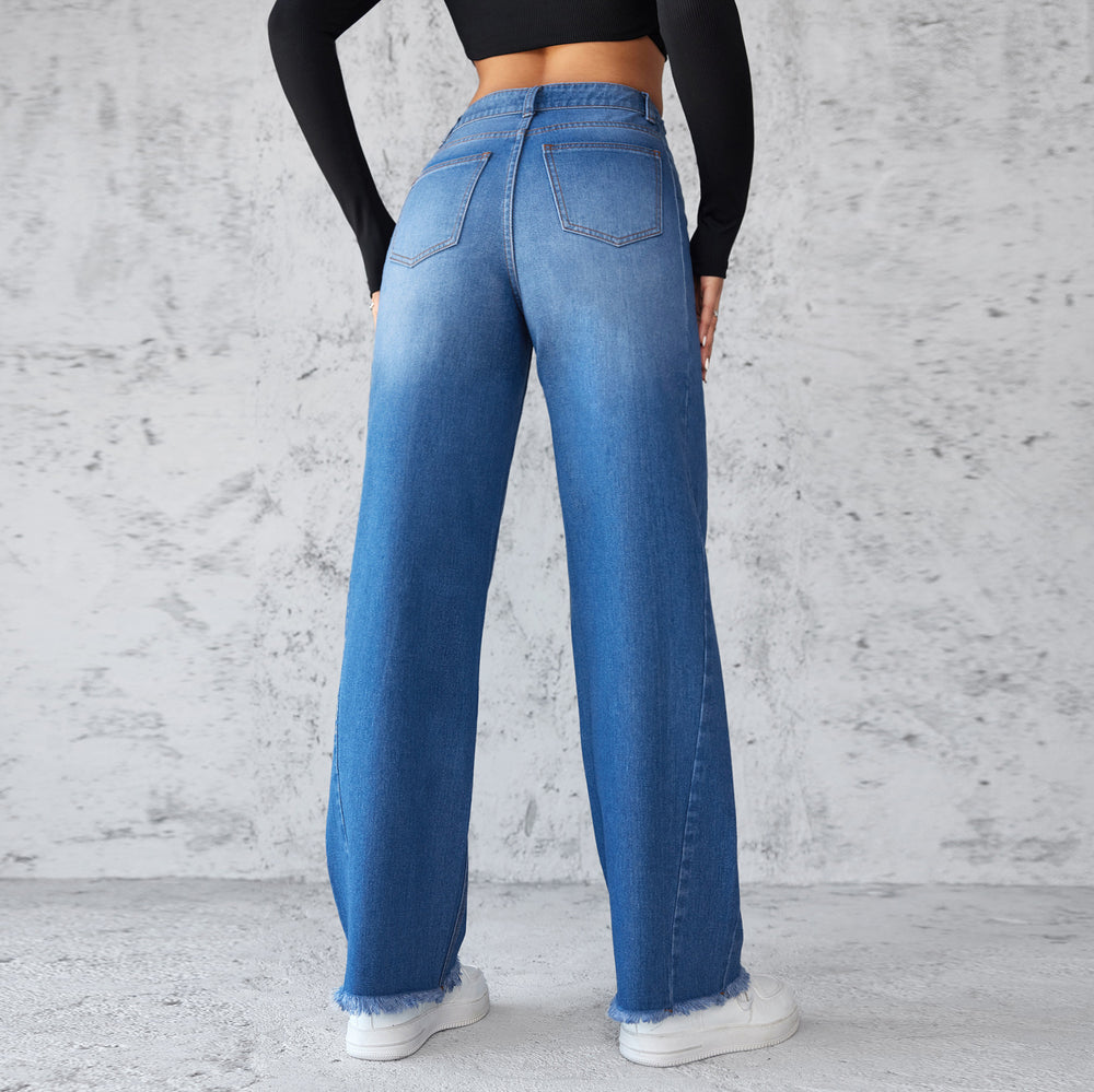 Chic High-Waisted Wide-Leg Denim Jeans for Women - Casual Non-Elastic Style