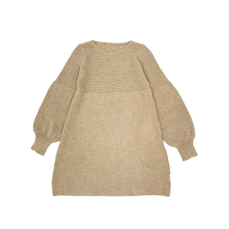 Chic High-Waisted Knitted Sweater Dress with Lantern Sleeves and A-Line Hem