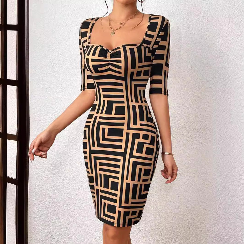 Geometric Print Elegant Mid-Length Dress with Square Collar and Half Sleeves