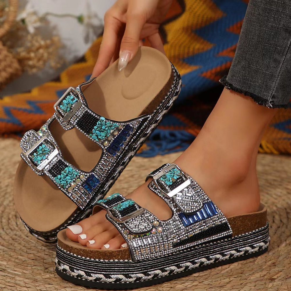 Rhinestone-Embellished Cork Beach Slides with Thick Bottom Hemp Rope and Double Buckles